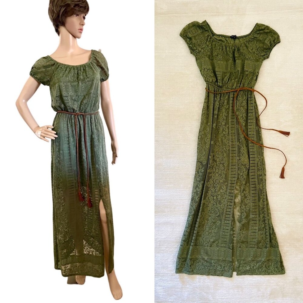 As U Wish Womens Green Lace Maxi Dress Sz S Suede Tie Belt Short Sleeves